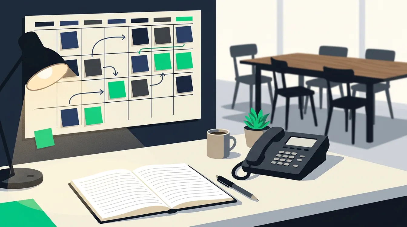 Bureau avec calendrier mural, carnet de notes et téléphone, symbolisant le suivi partagé des rendez-vous commerciaux