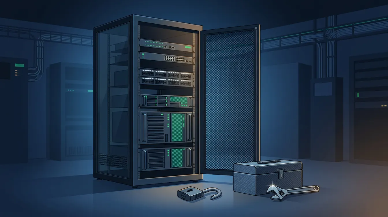 Server in a technical room with an open padlock in front of the racks, symbolizing a security flaw
