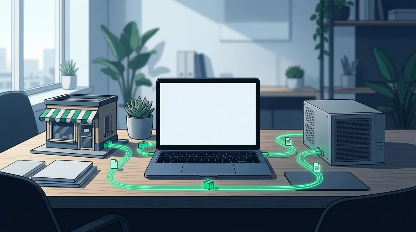 Plusieurs blocs reliés par des câbles lumineux autour d'un bureau, symbole d'échanges de données entre outils
