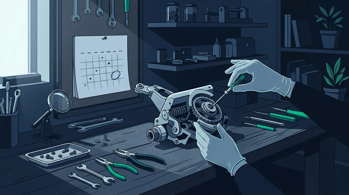 Établi d'atelier avec outils de réparation posés autour d'une pièce mécanique en cours d'ajustement