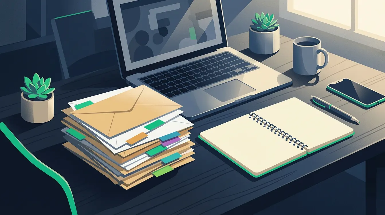 Bureau avec ordinateur portable, enveloppes et cartes de visite triées en petits groupes pour une campagne d'emailing