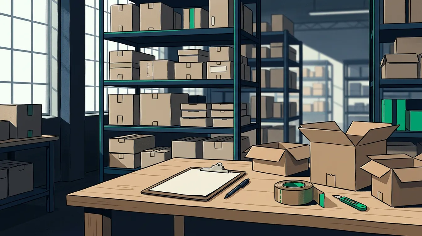 Warehouse shelves, open boxes and a delivery note lying on an order preparation table