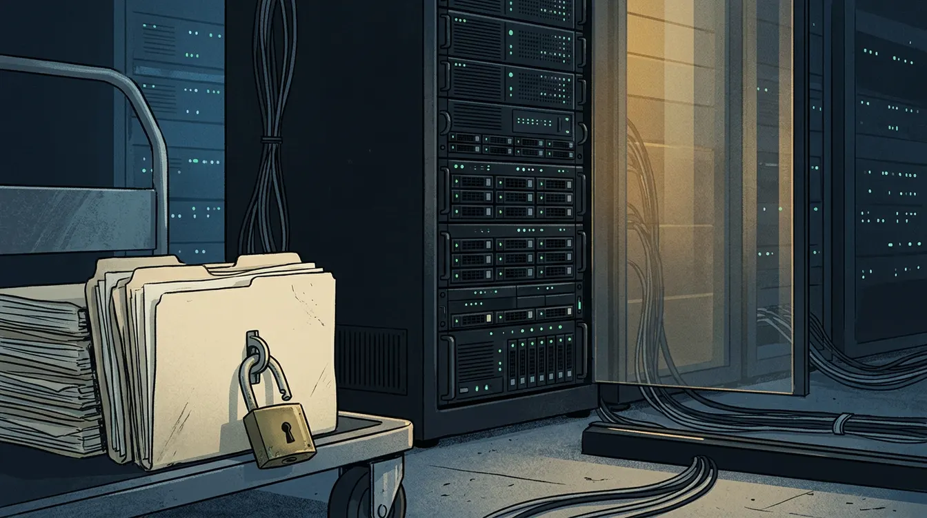 Serveur dans une salle technique avec un cadenas entrouvert devant des dossiers de fichiers