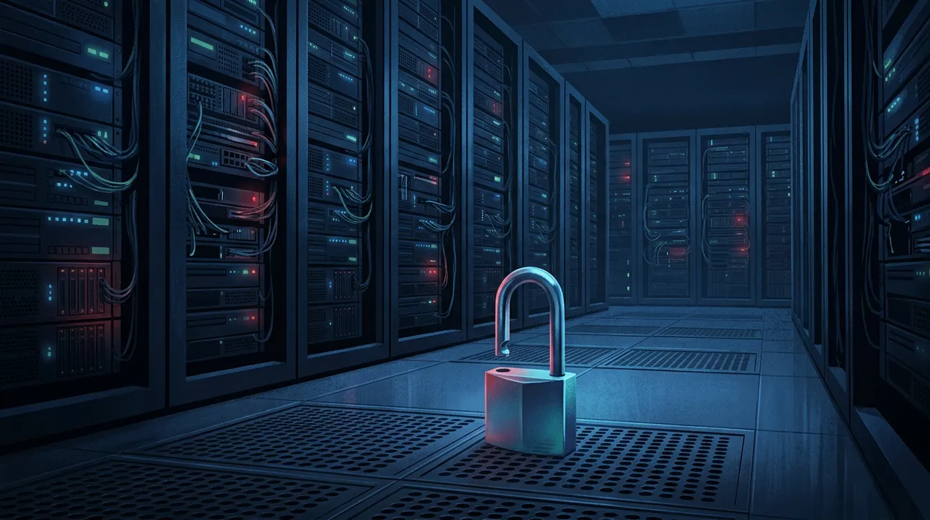 Serveur dans une salle informatique avec un cadenas ouvert posé devant les baies