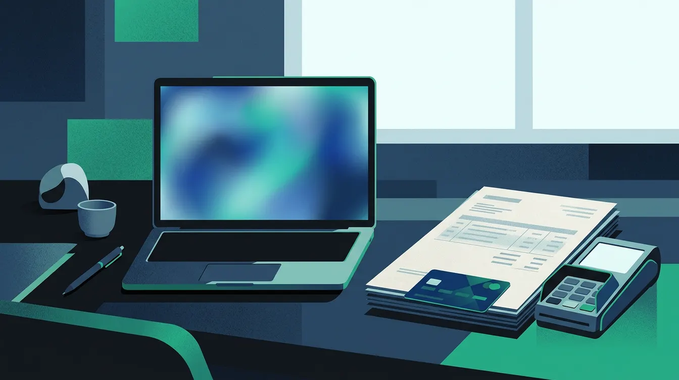Desk with a payment terminal, a bank card and a paper invoice placed next to a laptop