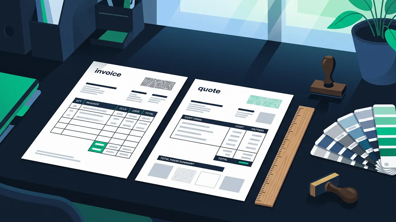Bureau avec une facture imprimée, un tampon et une règle de designer, illustrant la mise en page d'un document commercial