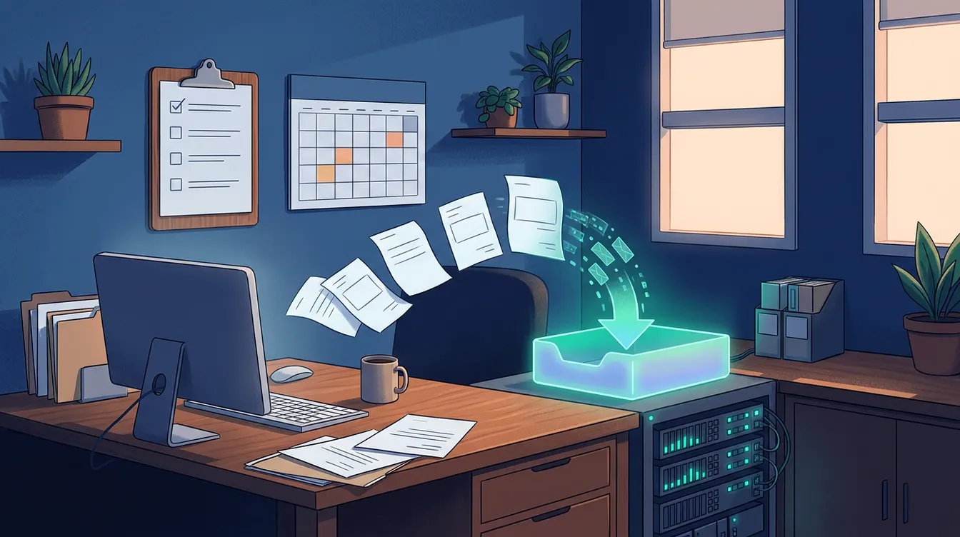 SME office with binders, a document inbox and a flow of digital invoices arriving at a server