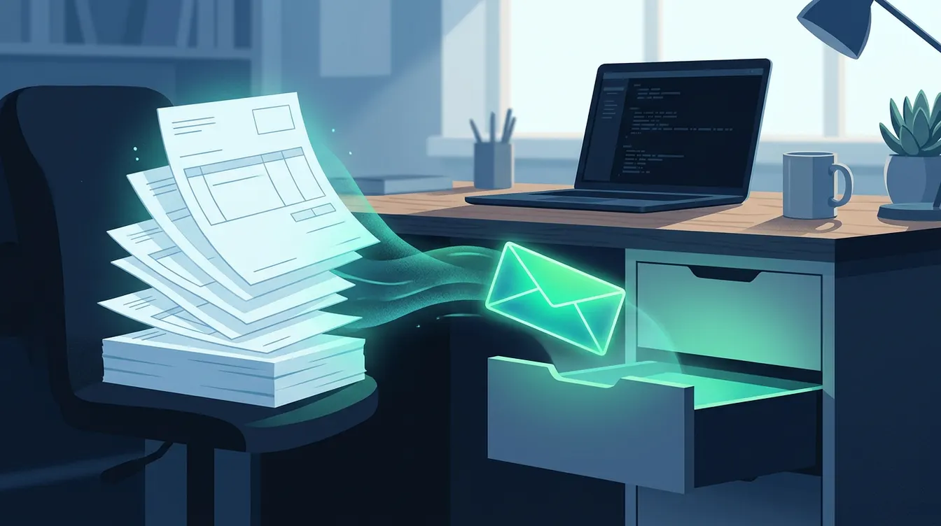Bureau de PME avec dossiers papier, tampon et enveloppe numérique symbolisant la réception de factures électroniques