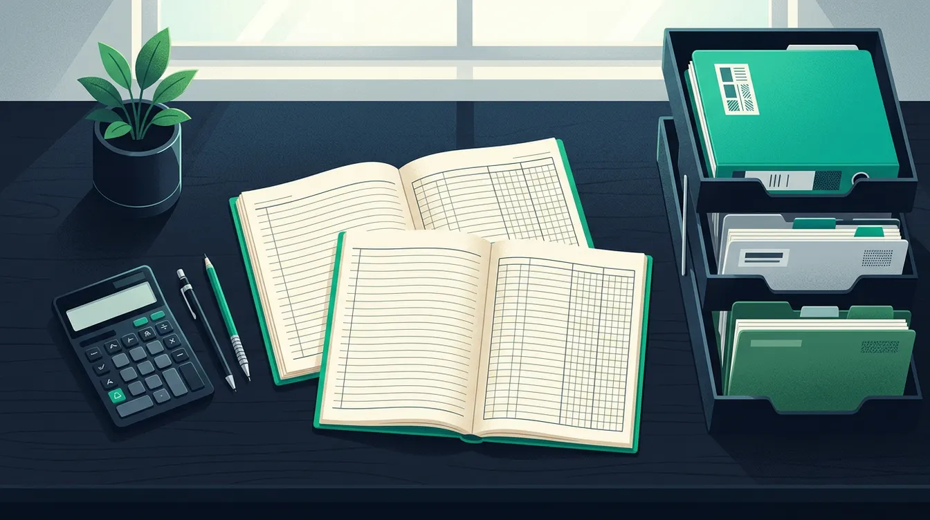 Desk with ledgers, a calculator and binders of accounting documents sorted by category