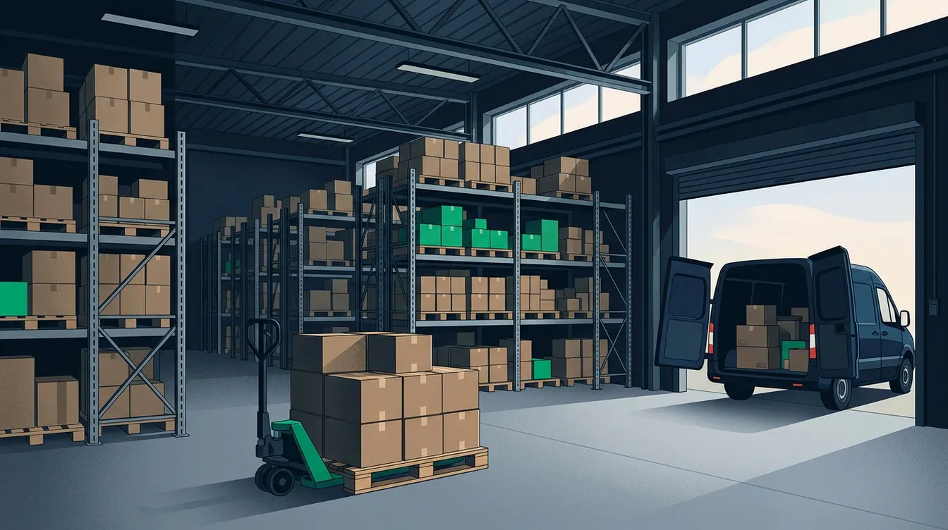Étagères d'un entrepôt avec cartons et chariot de transfert entre deux zones de stockage